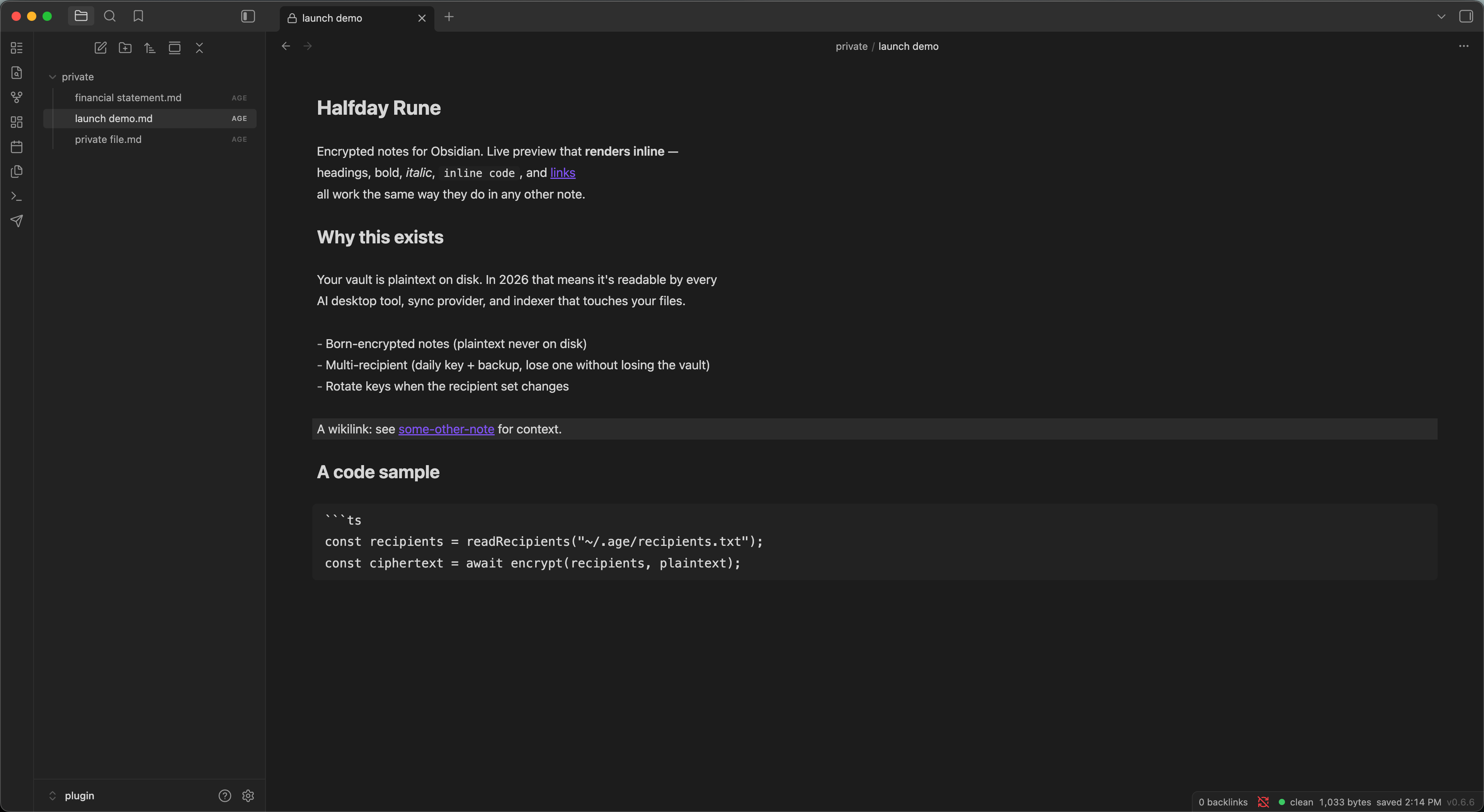 An encrypted .age note open in Obsidian with live-preview markdown rendering