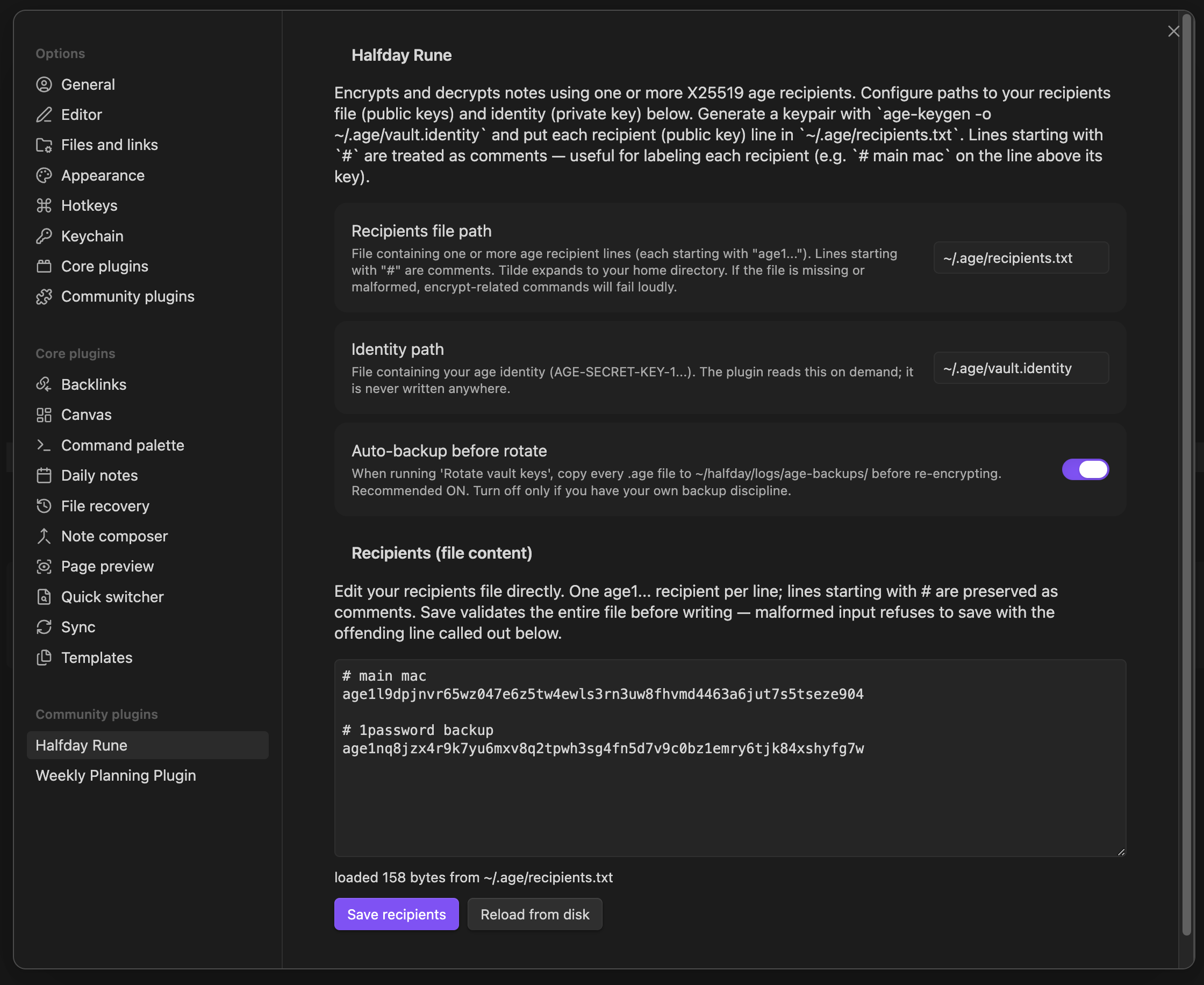 The recipients editor in Halfday Rune's settings tab
