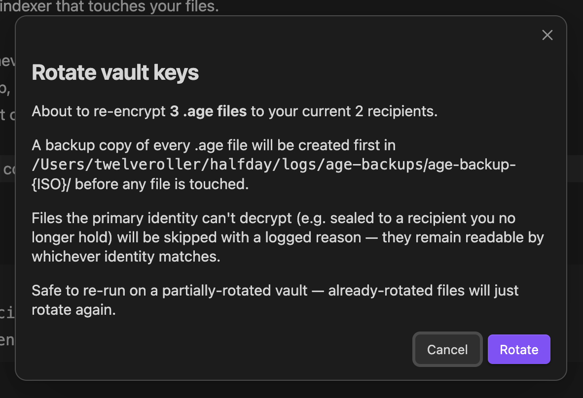 The rotate-keys confirmation modal, with a backup copy made before any file is touched
